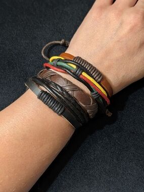 Multicolor Leather & Cord Bohemian Wrap Bracelet Adjustable Tie Rope 4 Pcs